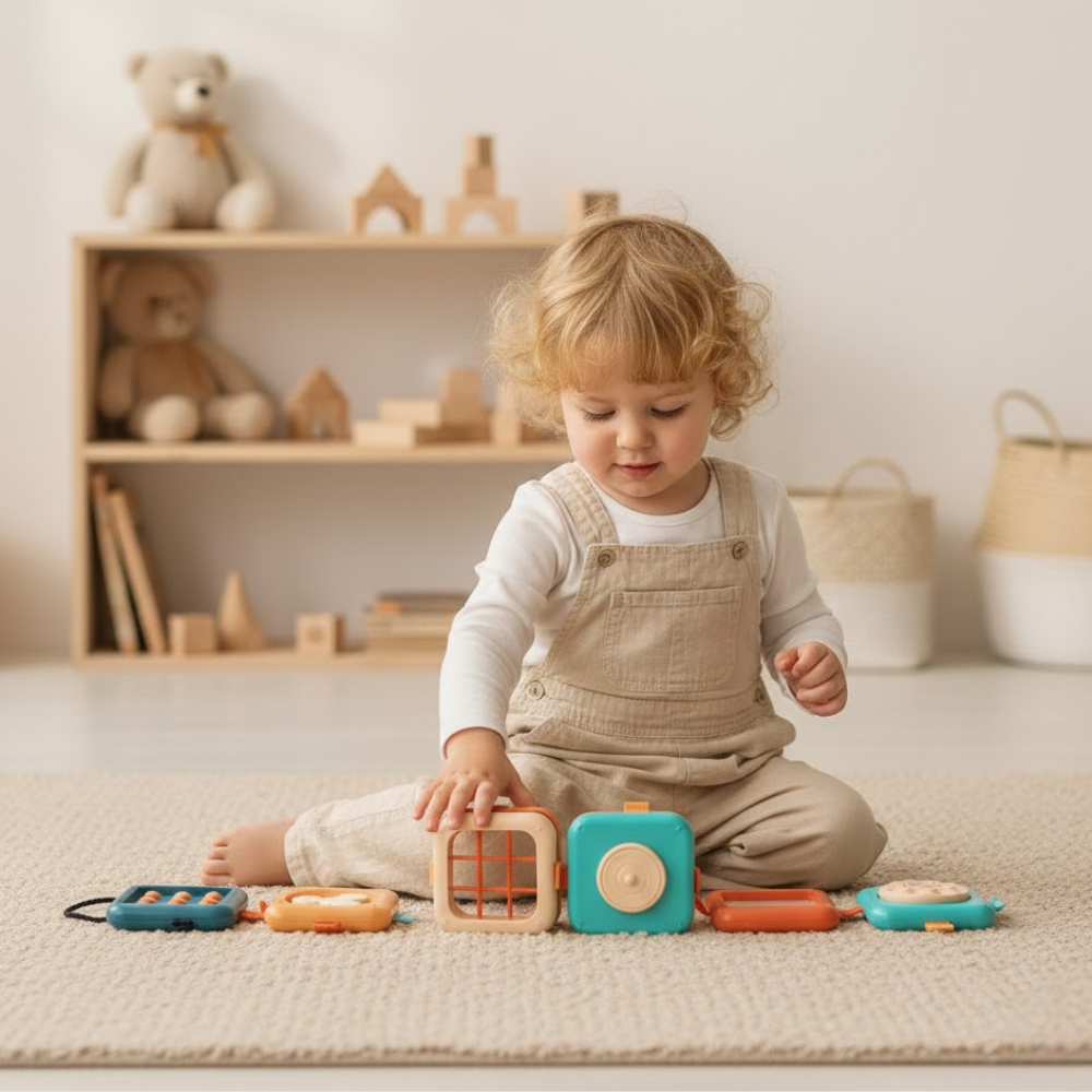 Vue de face du cube Montessori avec ses activités éducatives