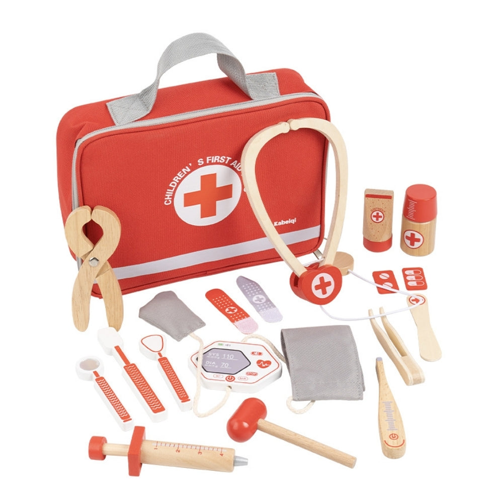 Trousse de docteur en bois pour enfant présentée dans son ensemble