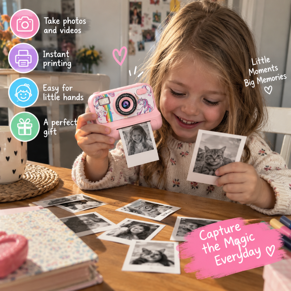 Vue arrière de l’appareil photo instantané avec commandes adaptées aux enfants