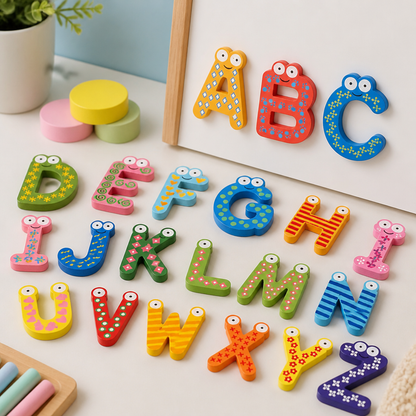 Lettres magnétiques en bois disposées pour former l’alphabet
