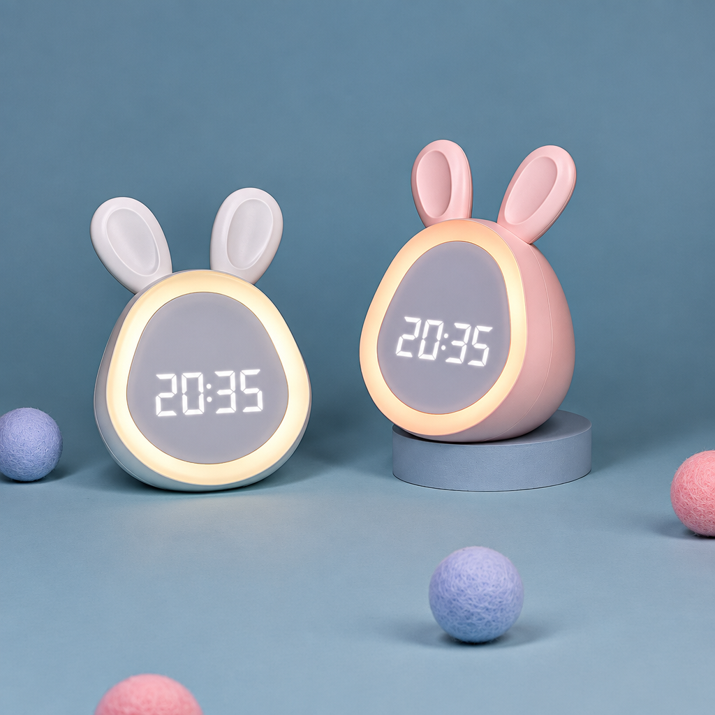Réveil enfant numérique avec veilleuse lapin posé sur une table de chevet