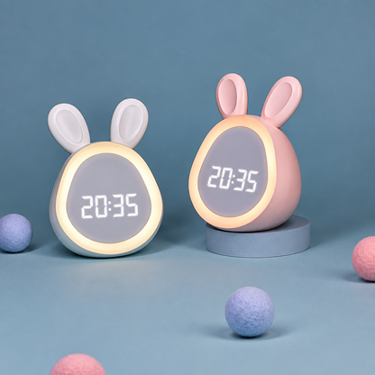 Réveil enfant numérique avec veilleuse lapin posé sur une table de chevet