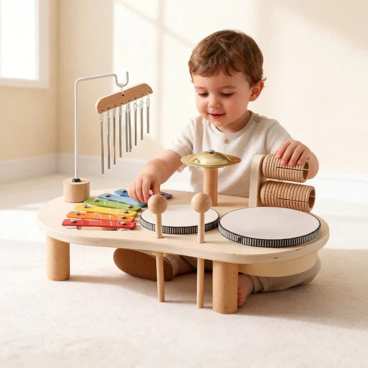 Enfant explorant un ensemble de jouets musicaux Montessori en bois