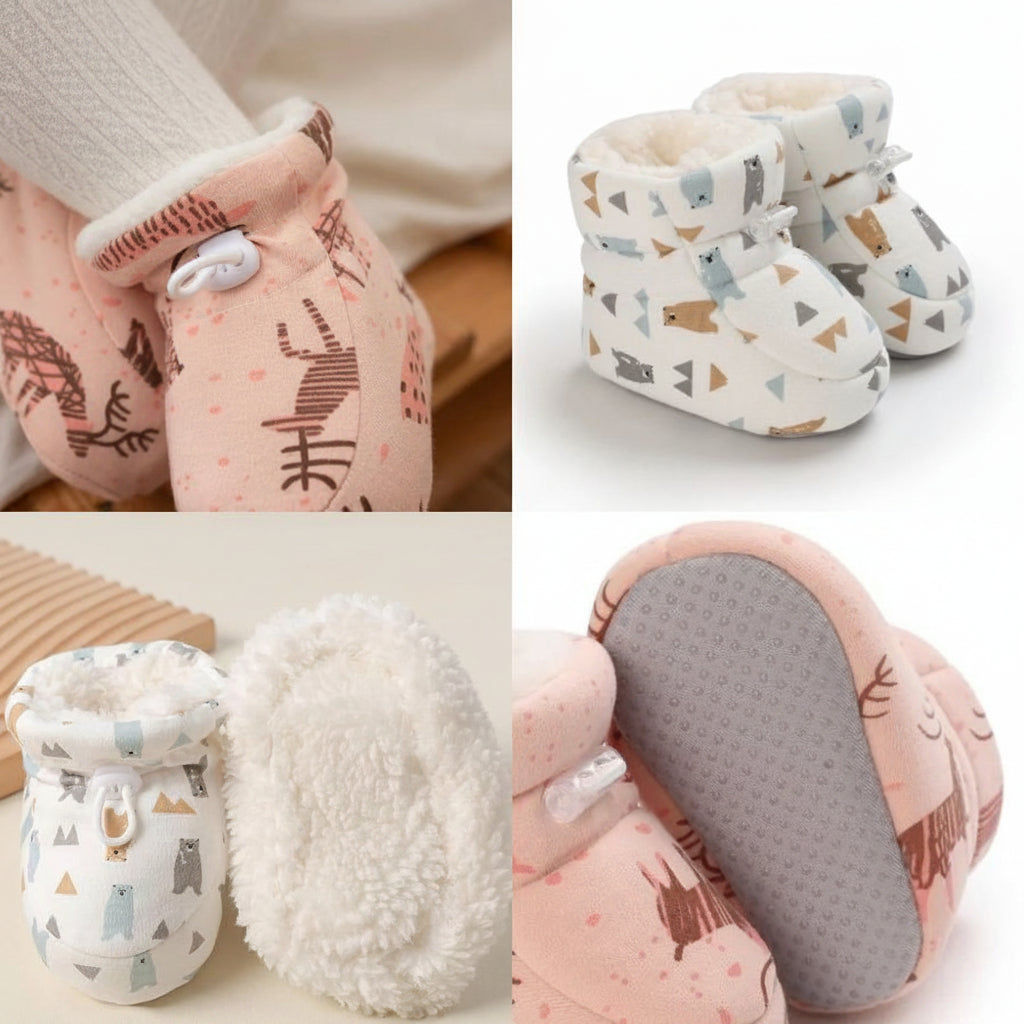 Vue rapprochée de bottines bébé fourrées et confortables