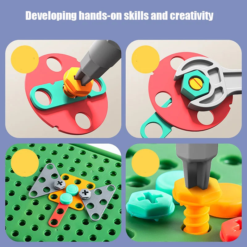 Enfant utilisant les outils jouets de sa boîte de bricolage