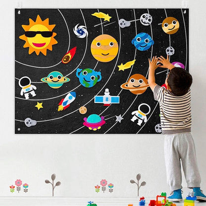 Vue d’ensemble du tableau d’activités en feutrine pour l’éveil sensoriel