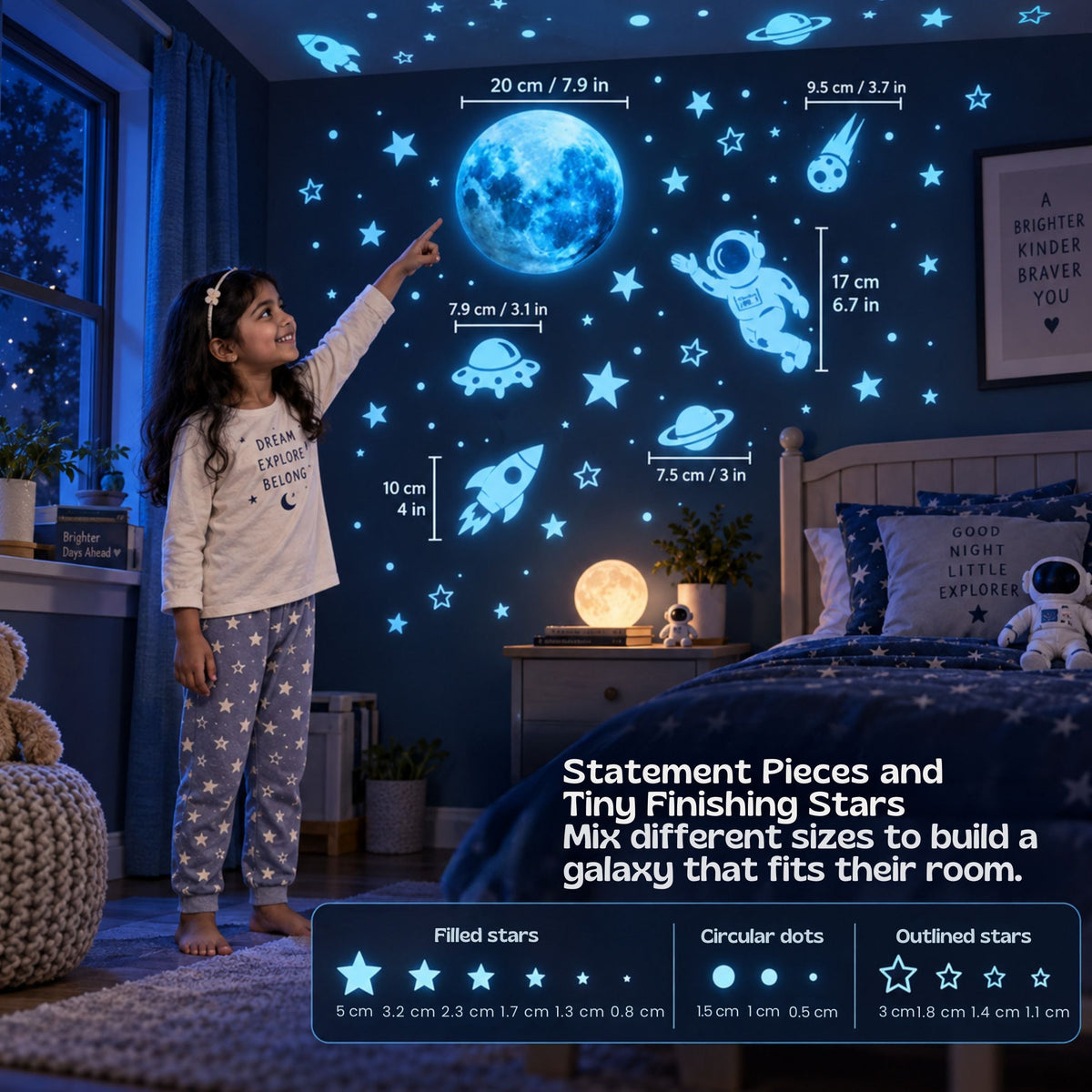 Motifs d’espace phosphorescents présentés sur un mur de chambre enfant