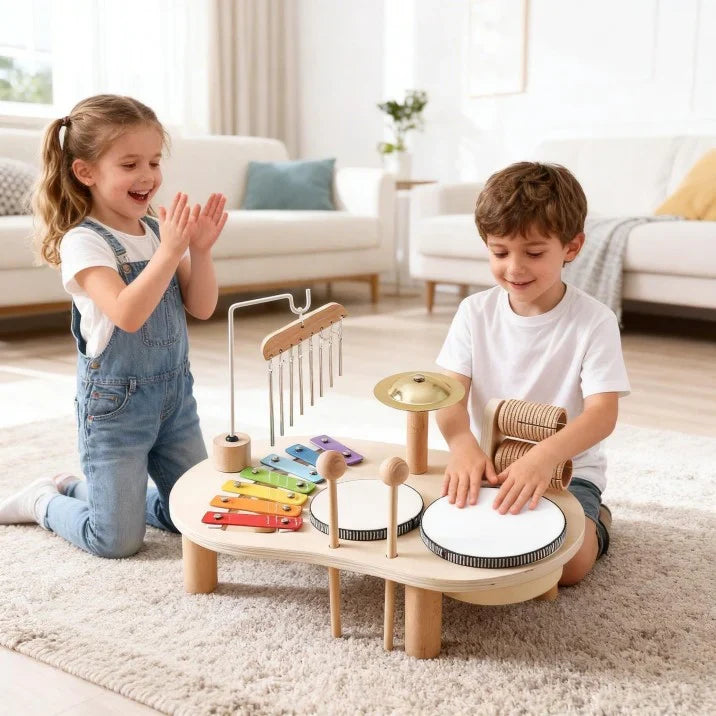 Détail des instruments en bois conçus pour les petites mains