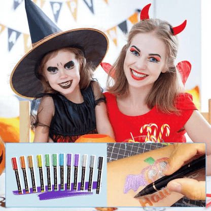 Feutres de body painting en 10 couleurs présentés sur un fond clair