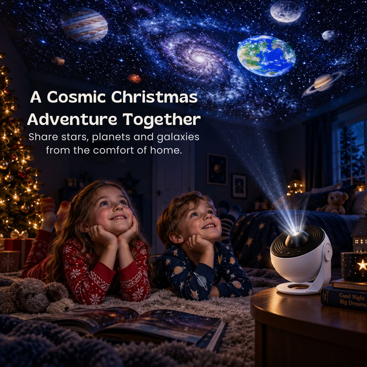 Projecteur galaxie présenté avec ses commandes