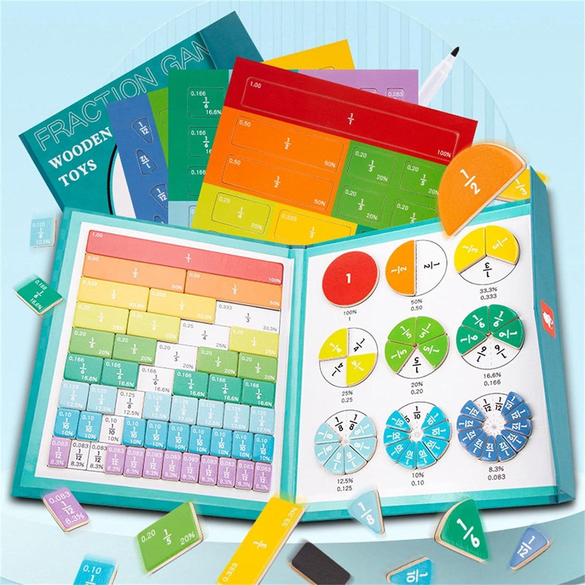 Livre puzzle magnétique ouvert avec pièces représentant des fractions