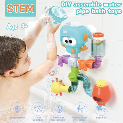 Robot jouet de bain avec tuyaux à assembler présenté dans une baignoire