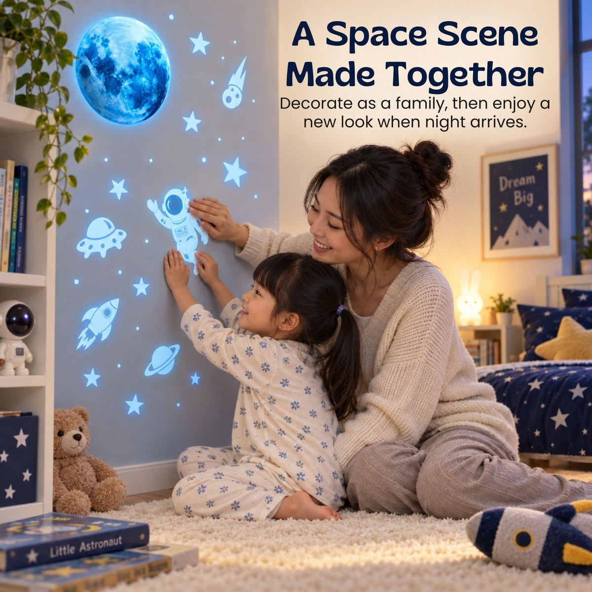 Décoration autocollante pour mur avec fusée, étoiles et planètes