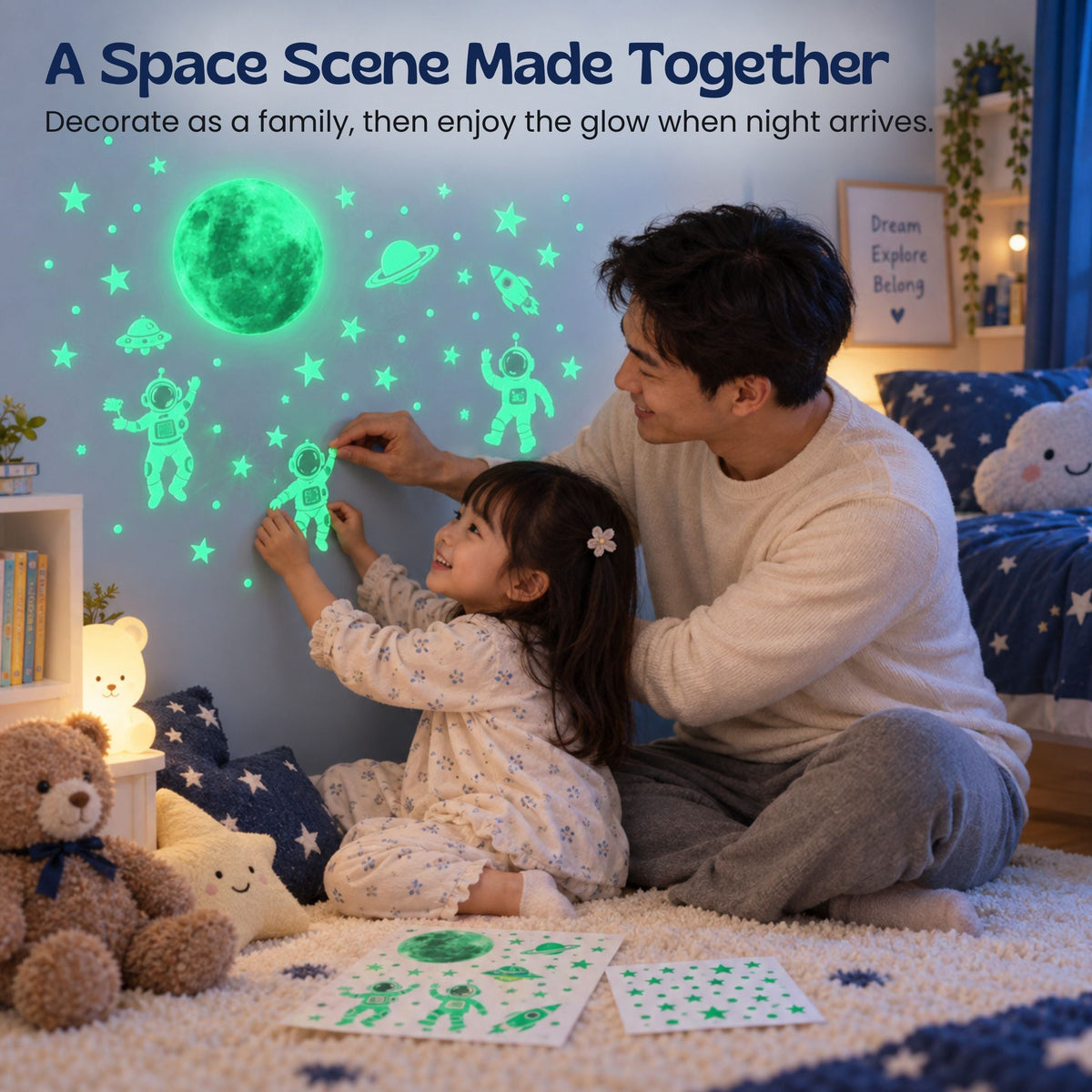 Scène spatiale composée d’astronautes et d’éléments phosphorescents