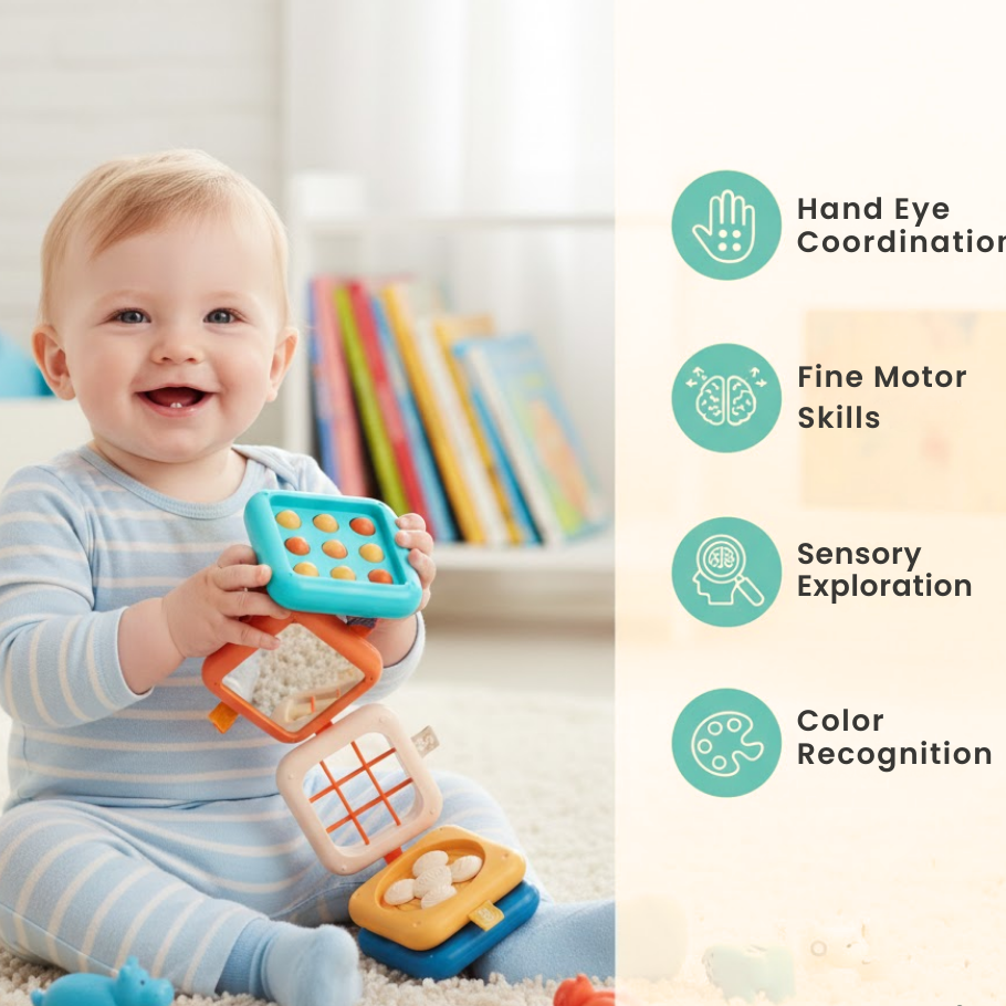 Enfant manipulant le cube d’activités Montessori avec ses mains