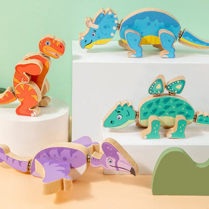 Pièces en bois du jeu de construction dinosaure présentées ensemble
