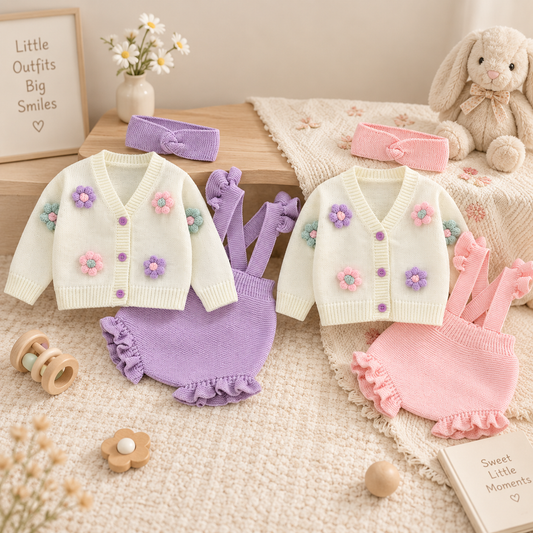 Ensemble bébé tricoté avec gilet, salopette et bandeau