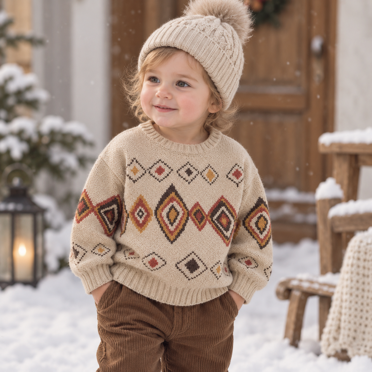 Vue rapprochée du motif losanges en maille du pull enfant