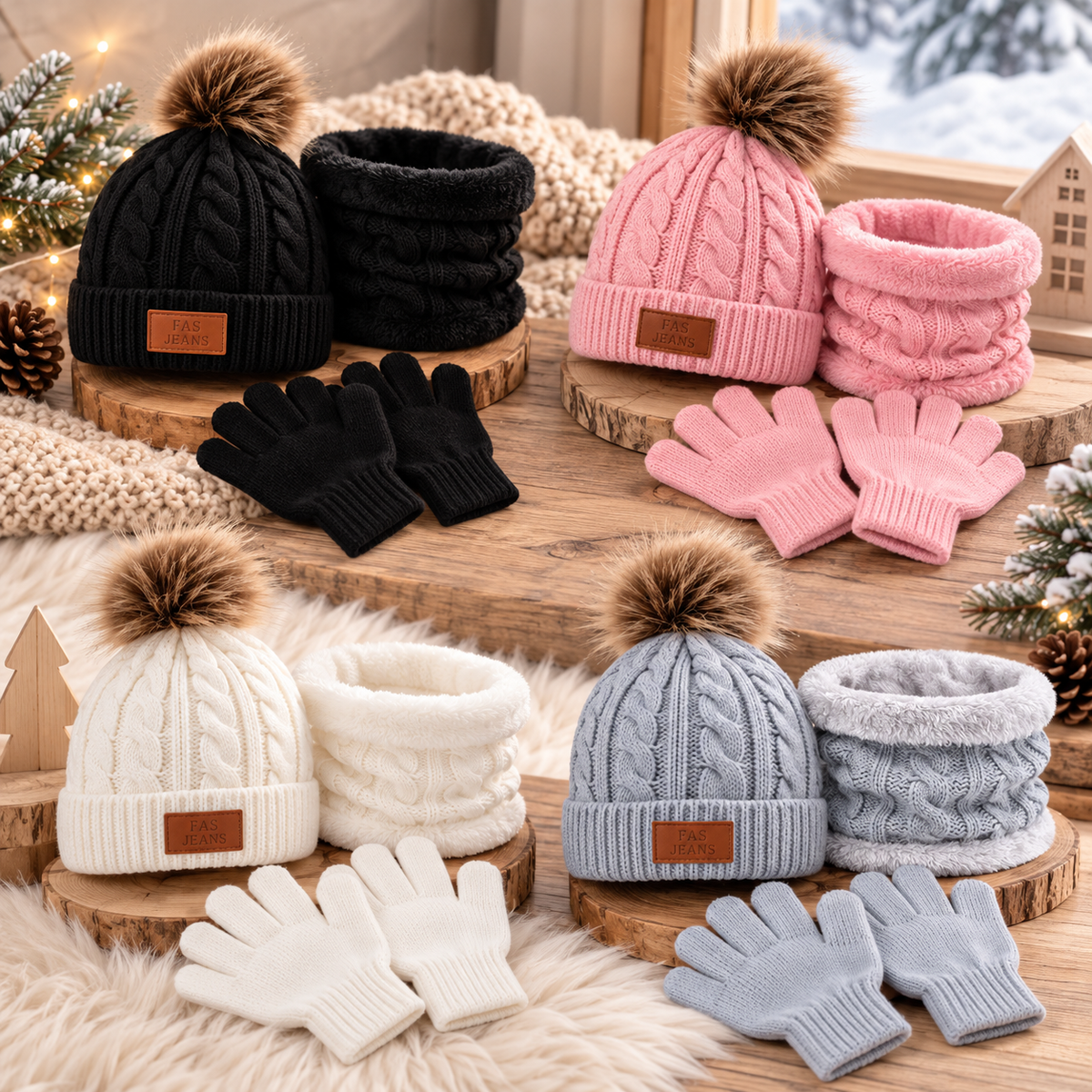 Bonnet enfant assorti à l’écharpe et aux gants d’hiver