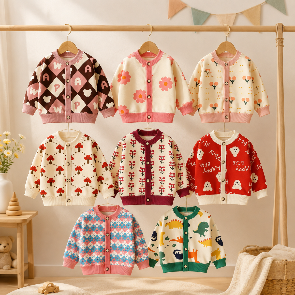 Gilet tricoté enfant à motifs colorés présenté de face