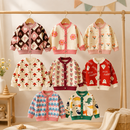 Gilet tricoté enfant à motifs colorés présenté de face