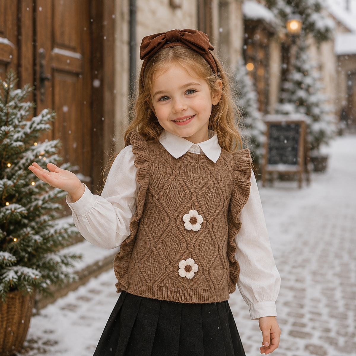 Gilet fille sans manches en maille avec motif à fleurs