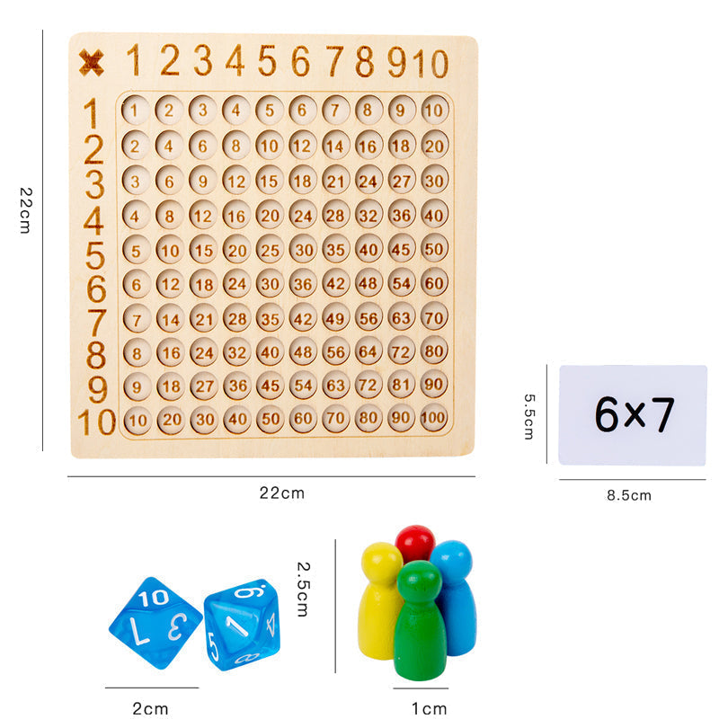 Plateau de jeu en bois consacré aux tables de multiplication