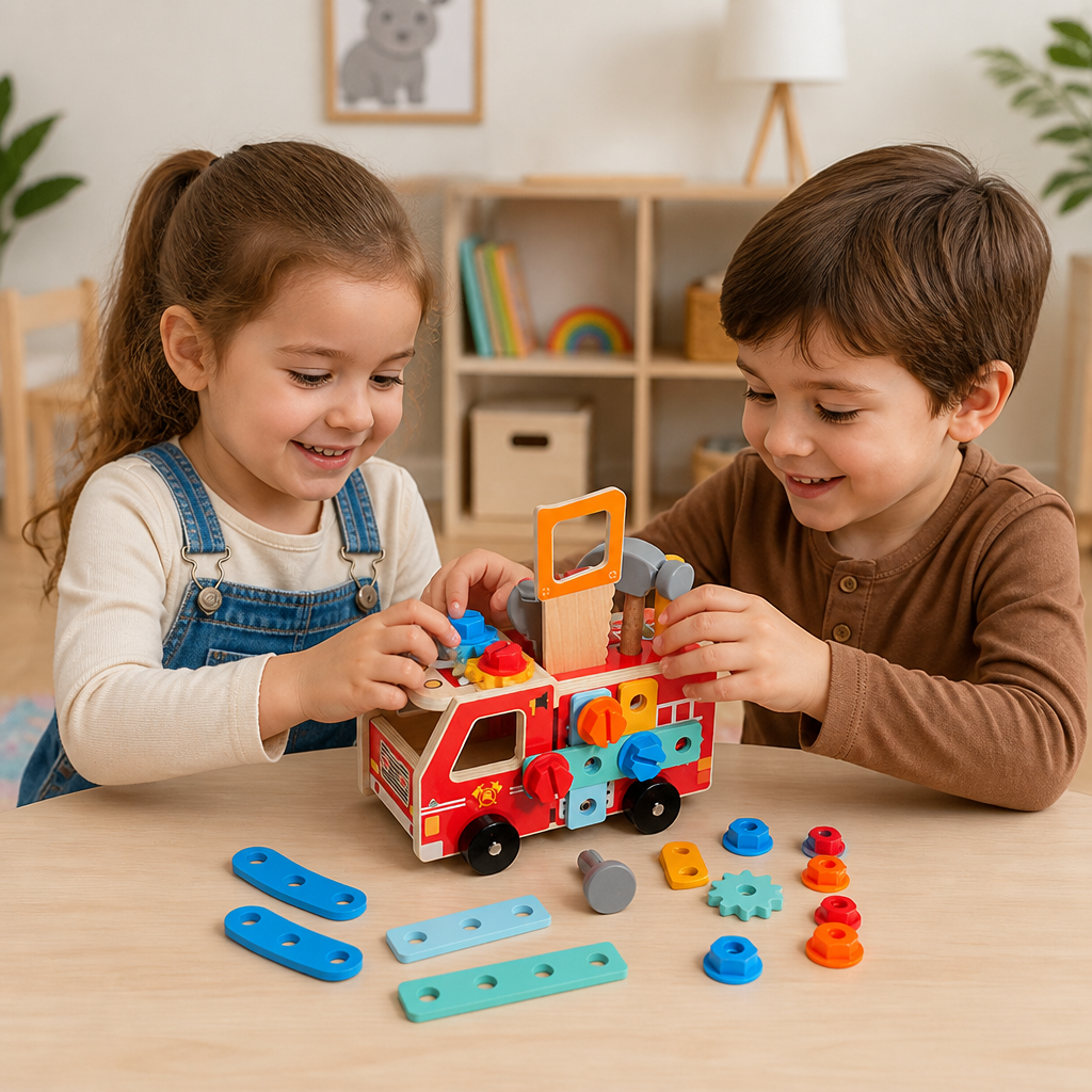 Camion de pompiers en bois avec boîte à outils pour jeu d’imitation