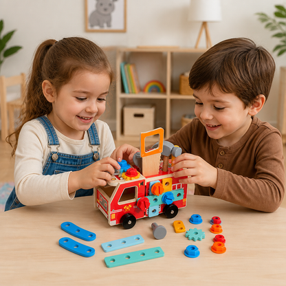 Camion de pompiers en bois avec boîte à outils pour jeu d’imitation