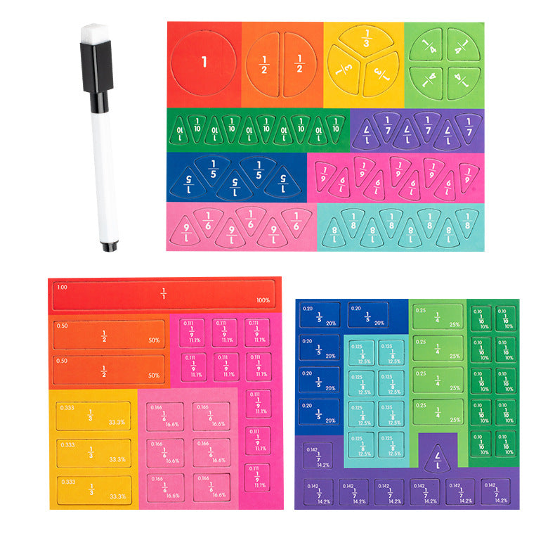 Puzzle magnétique de mathématiques présenté ouvert avec ses pièces