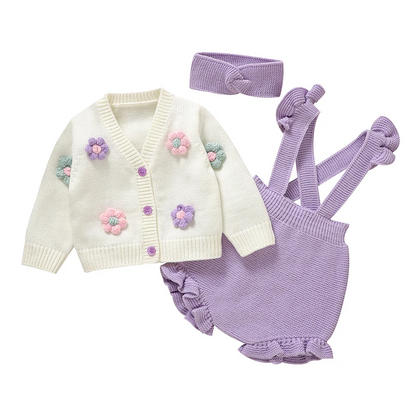 Ensemble Bébé Tricoté Avec Gilet Salopette Et Bandeau