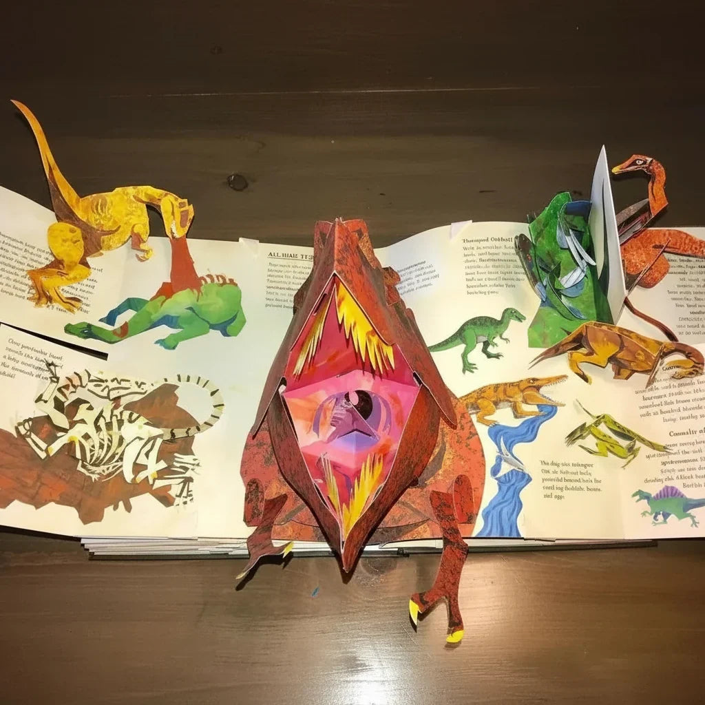 Livre pop-up dinosaures ouvert avec une scène en relief