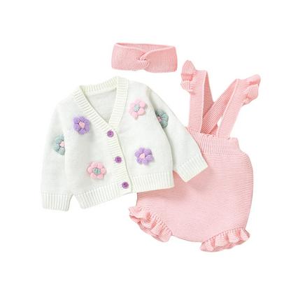 Ensemble Bébé Tricoté Avec Gilet Salopette Et Bandeau