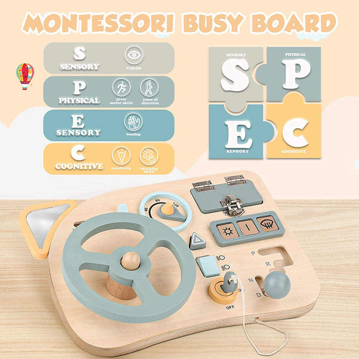 Activité d’éveil avec volant de conduite Montessori en bois