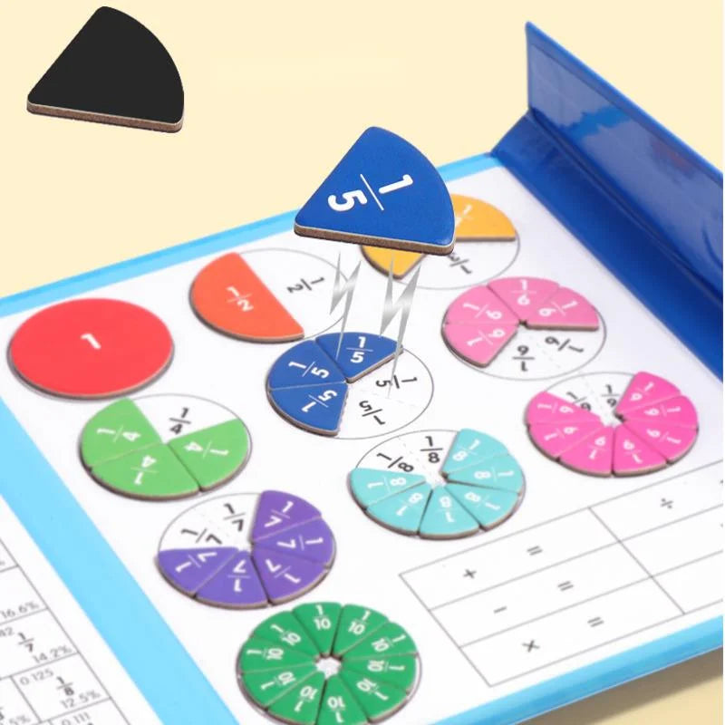 Pièces magnétiques de fractions à assembler dans le livre Montessori