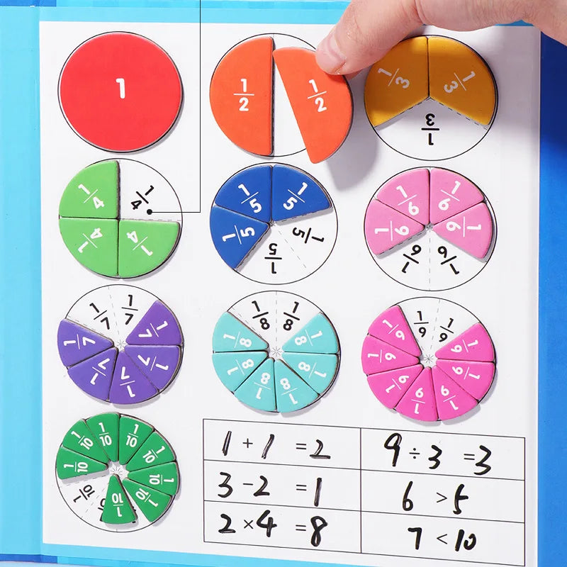 Activité Montessori de mathématiques avec fractions magnétiques