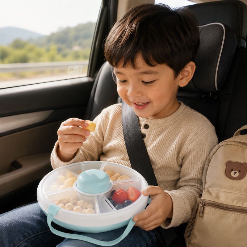Boîte à goûter enfant ouverte avec cinq compartiments