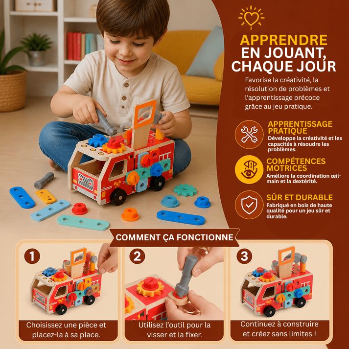 Camion De Pompiers En Bois Avec Boîte À Outils
