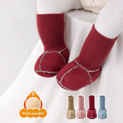 Paire de chaussons bébé en tricot vue de côté