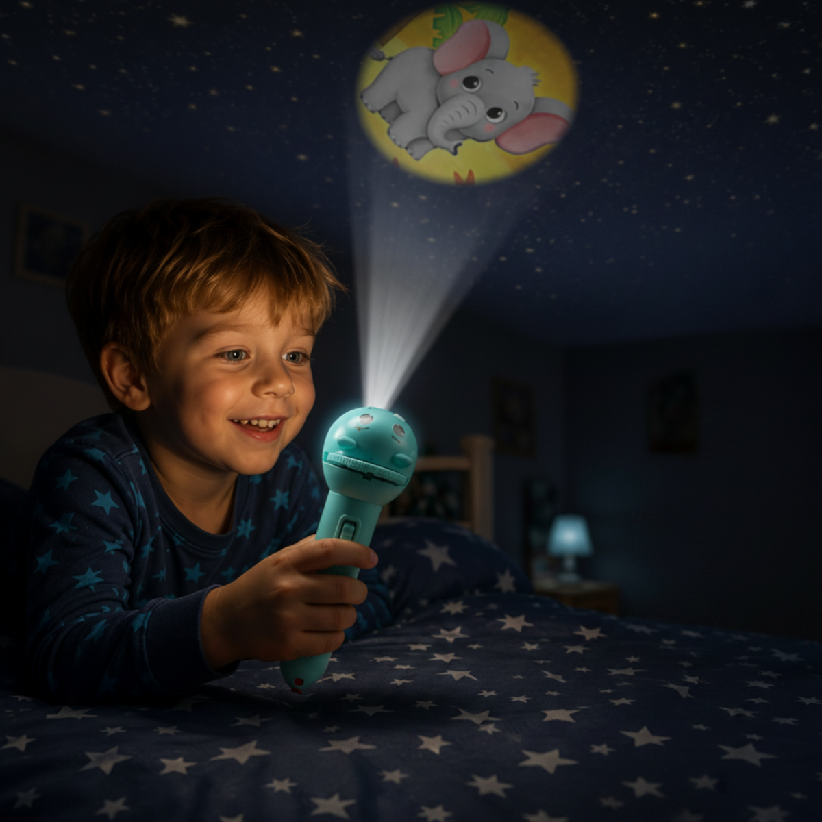 Enfant utilisant une lampe projecteur pour raconter une histoire du soir