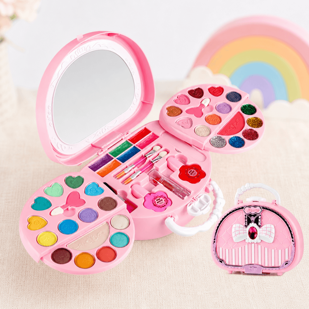 Trousse de maquillage pour enfants ouverte avec miroir intégré et espace de rangement.