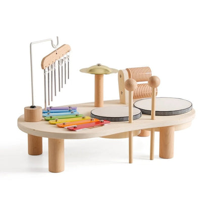 Ensemble de jouets musicaux Montessori en bois présenté au complet