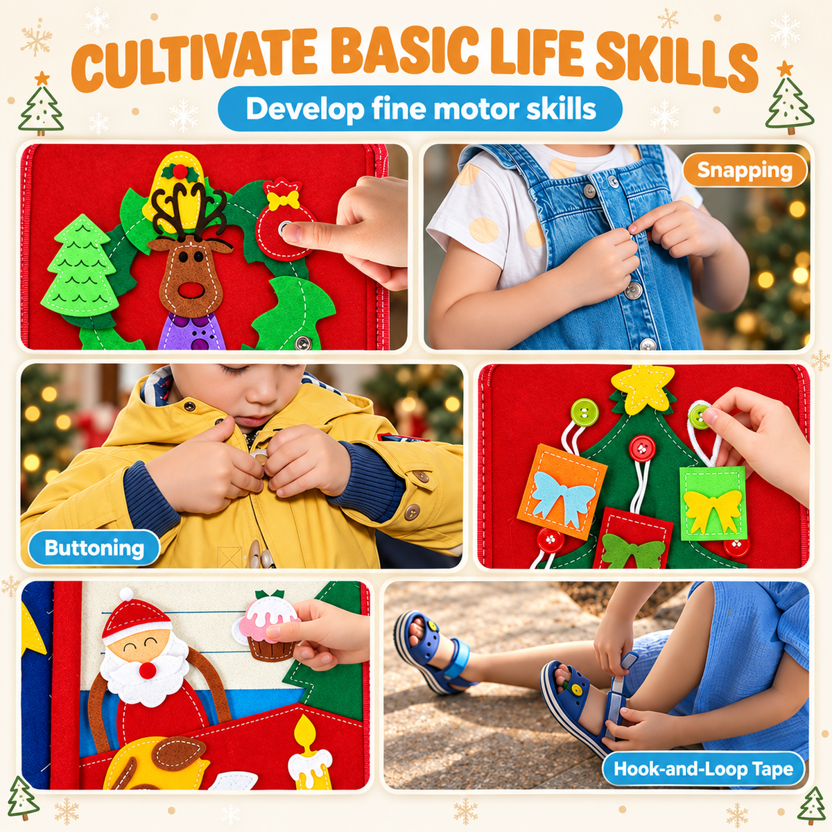 Livre sensoriel de Noël en feutrine ouvert avec ses activités ludiques