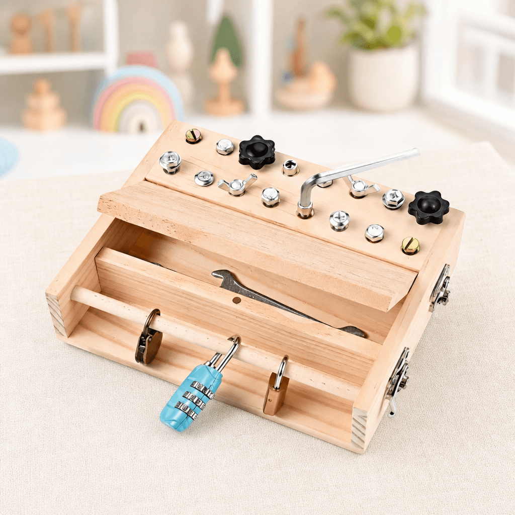 Tableau d’activités Montessori en bois avec plusieurs jeux d’éveil