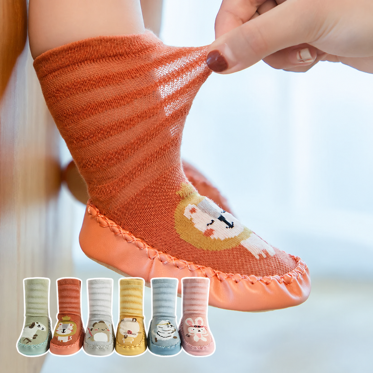 Chaussures chaussettes bébé à motifs animaux, avec semelles antidérapantes