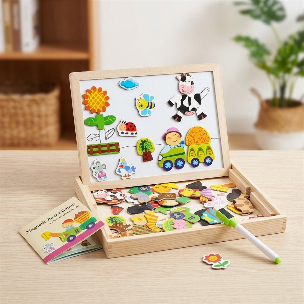 Enfant dessinant sur le tableau magnétique en bois
