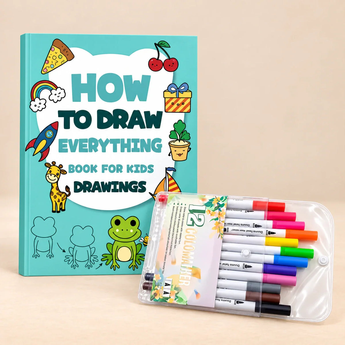 Coffret de dessin pour enfant avec guide et feutres présenté sur fond clair