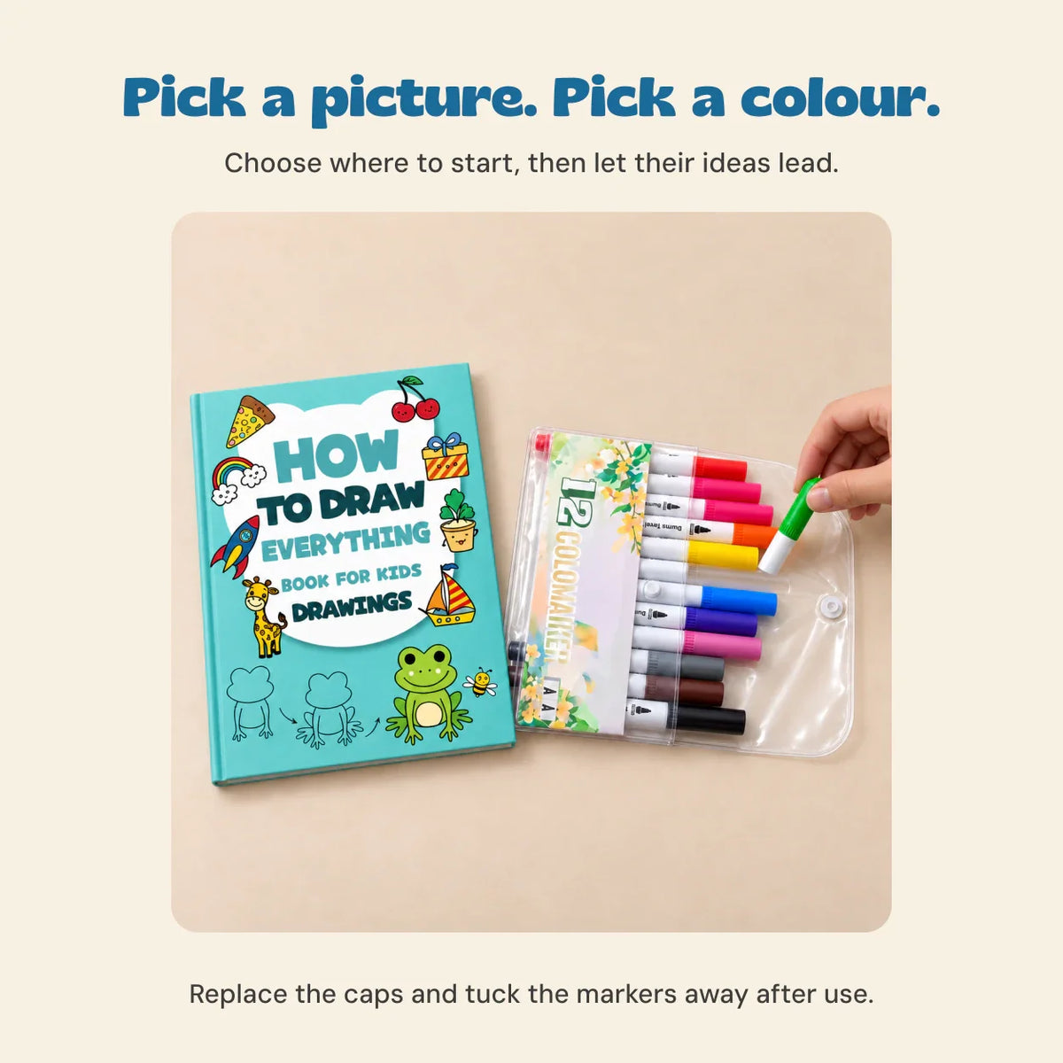 Enfant réalisant un dessin avec le coffret créatif et ses feutres