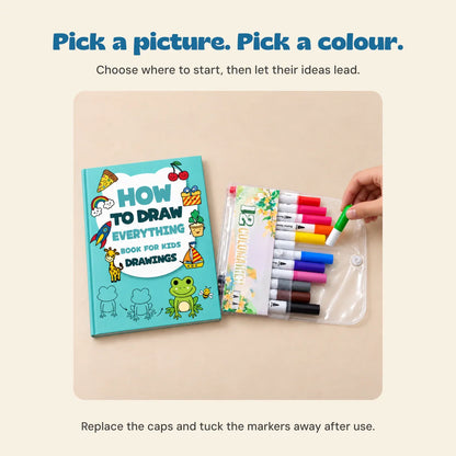 Enfant réalisant un dessin avec le coffret créatif et ses feutres